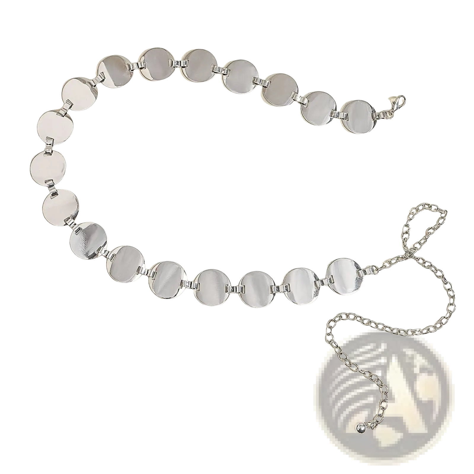 Metallic disc waist chain silver pants belt featuring a silver metallic disc belt with chain and clasp detail
