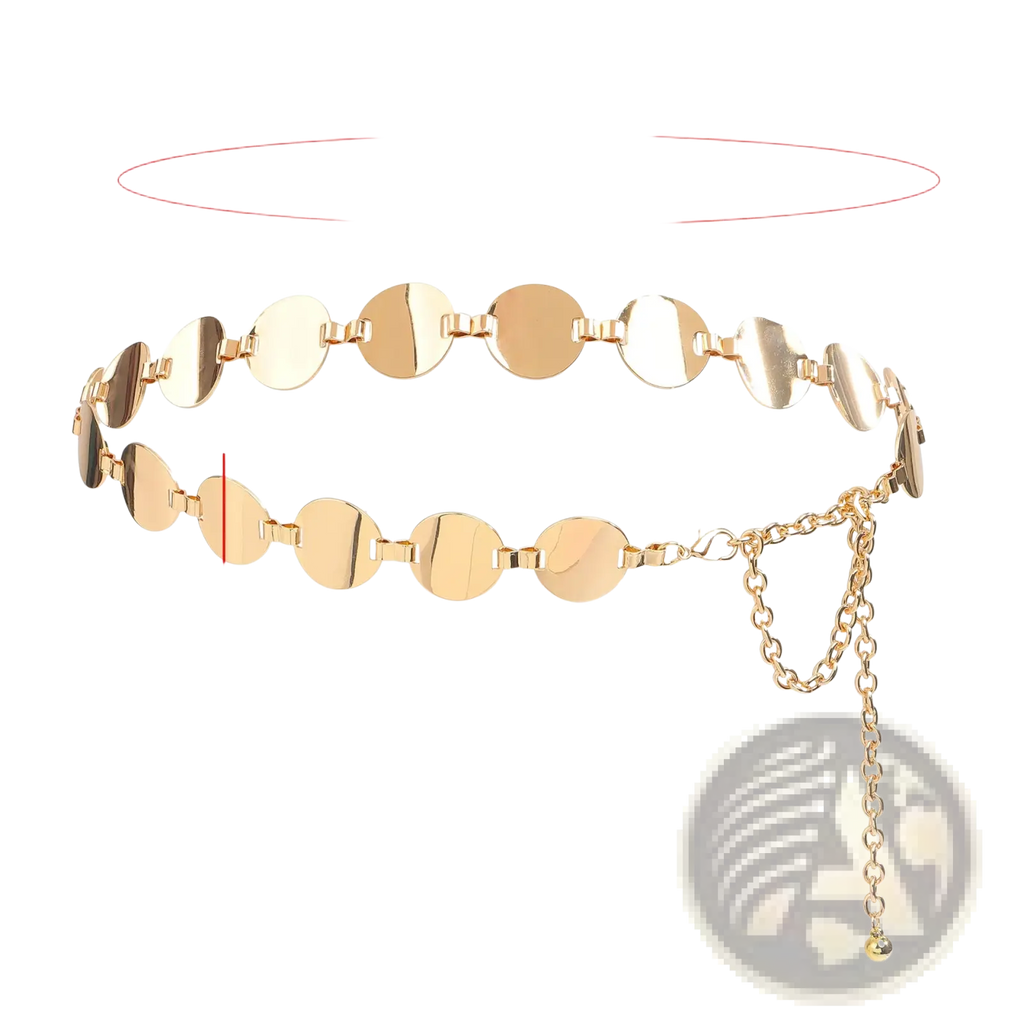 Gold-toned metallic disc waist chain silver pants belt with flat circular links and adjustable chain clasp closure