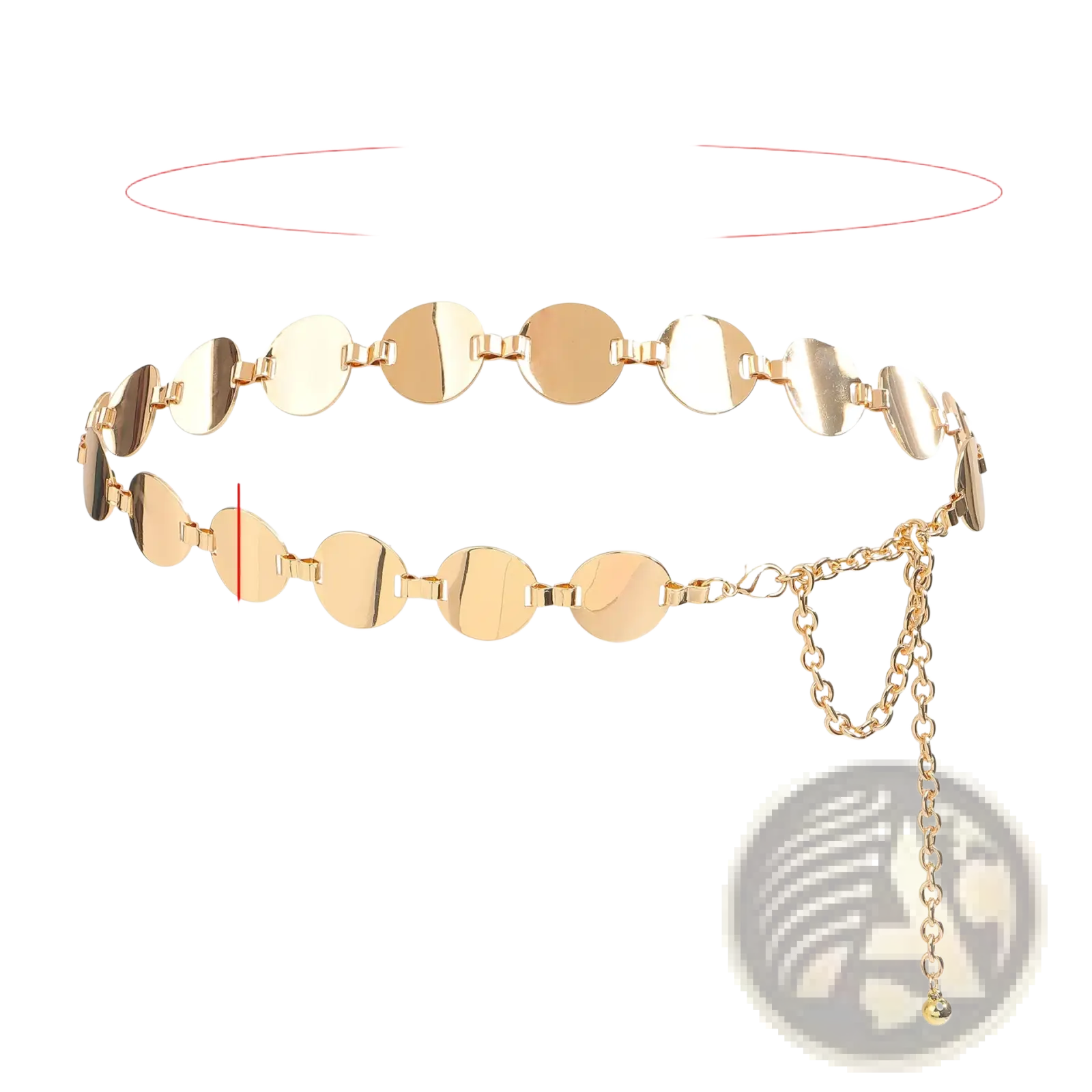 Gold-toned metallic disc waist chain silver pants belt with flat circular links and adjustable chain clasp closure