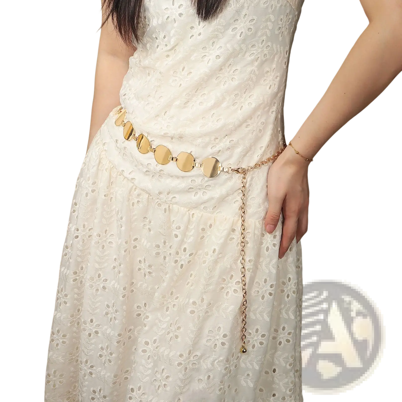 Metallic disc waist chain belt in gold tone featuring circular flat metal discs connected by delicate chain links