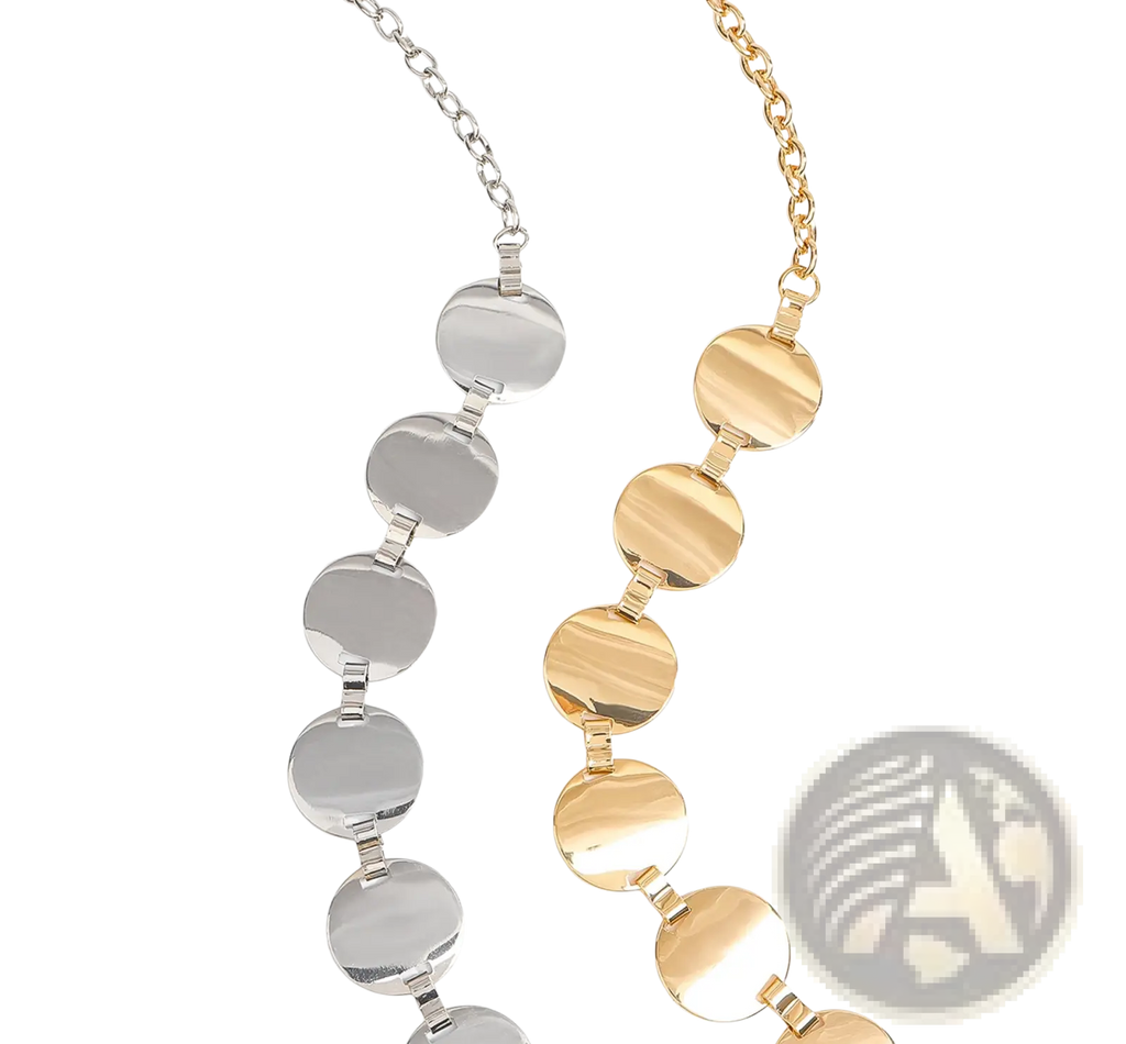 Metallic disc waist chain silver pants belt featuring two metallic disc necklaces in silver and gold with circular link chains