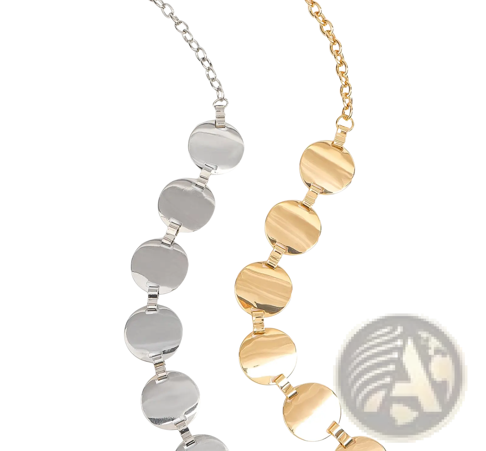 Metallic disc waist chain silver pants belt featuring two metallic disc necklaces in silver and gold with circular link chains