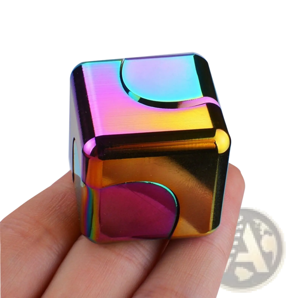 Handheld metallic fidget cube in rainbow colors designed as a stress relief toy with a sleek metal finish
