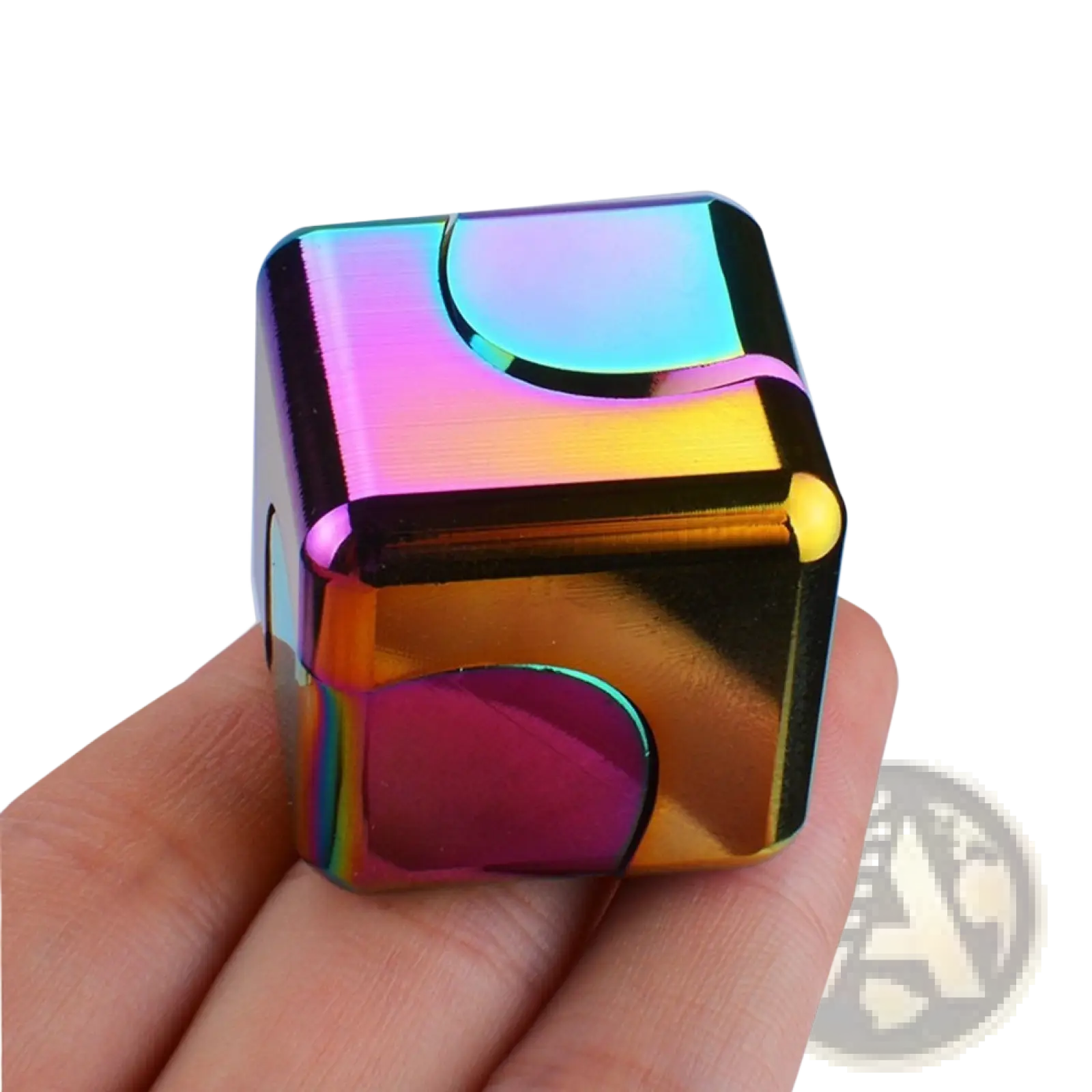 Metallic fidget cube rainbow stress relief toy with rainbow-colored reflective metallic surface and rounded edges