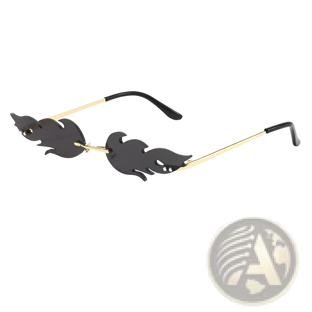 Metallic flame gemstone sunglasses with black flame-shaped gradient lenses and gold-tone metal frames