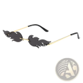 Metallic flame gemstone sunglasses with black flame-shaped gradient lenses and gold-tone metal frames