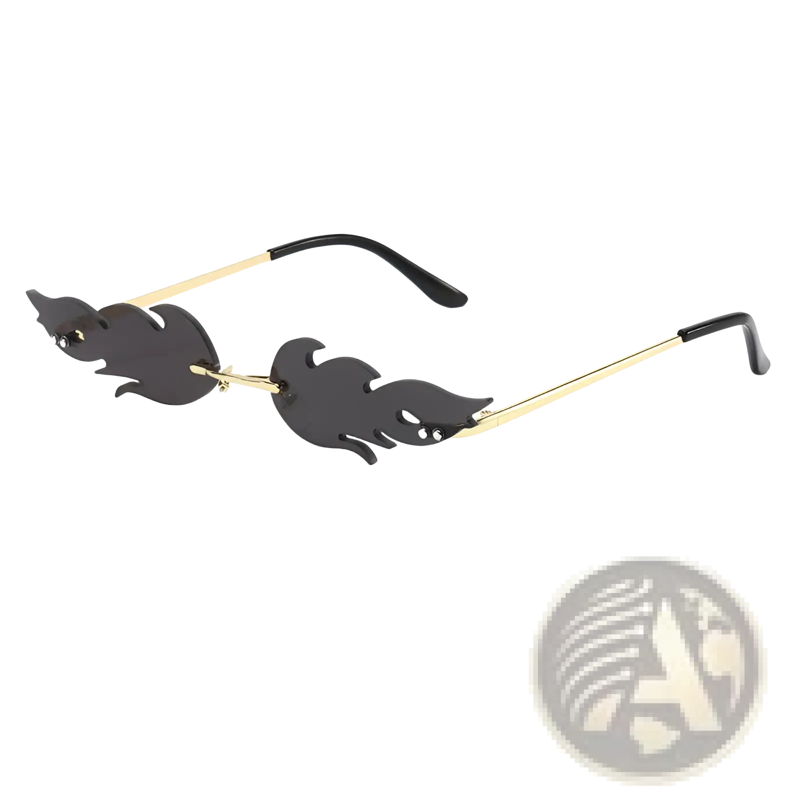 Metallic flame gemstone sunglasses with black flame-shaped gradient lenses and gold-tone metal frames