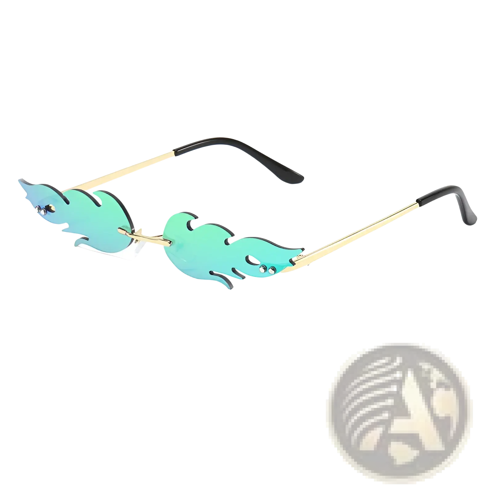Teal flame-shaped metallic gemstone sunglasses with gold metal frames black temple tips and gradient lenses
