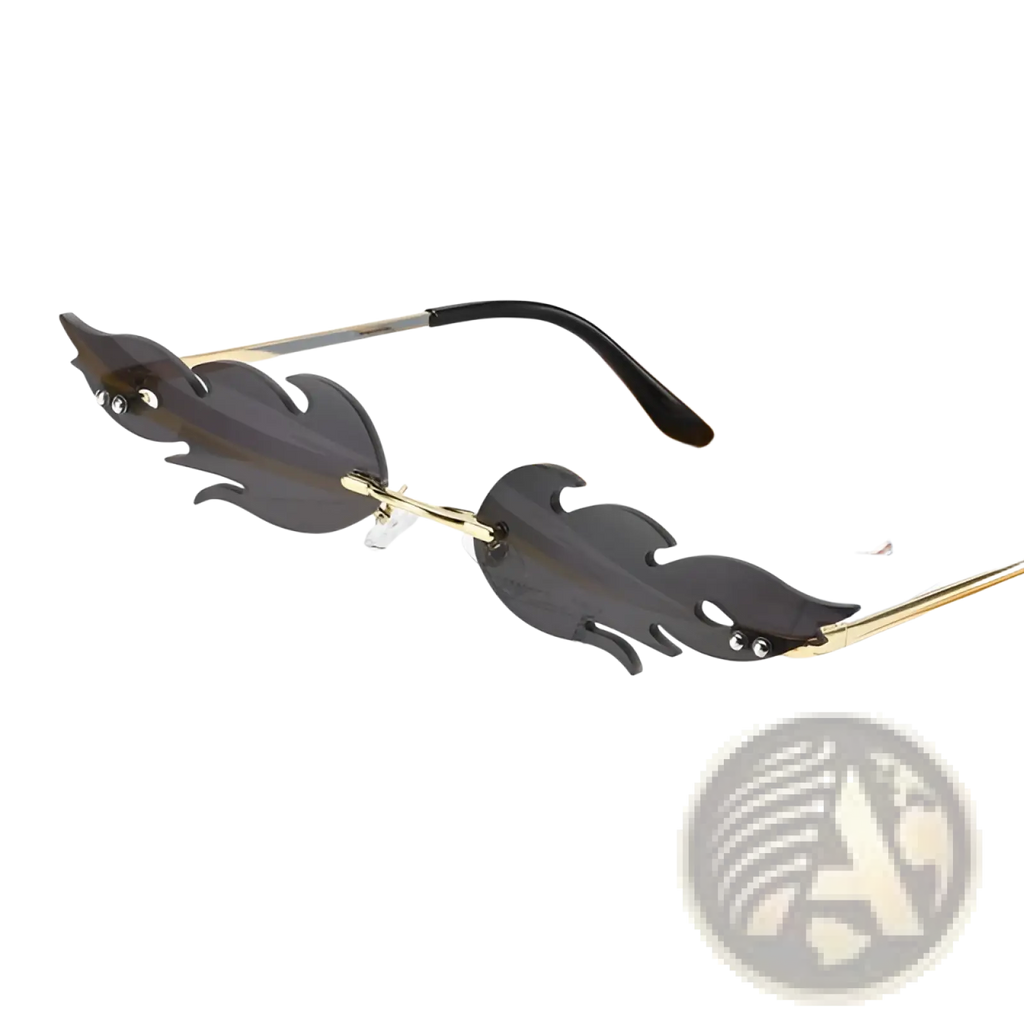 Metallic flame gemstone sunglasses with black flame-shaped gradient lenses gold-toned frames and clear gemstones