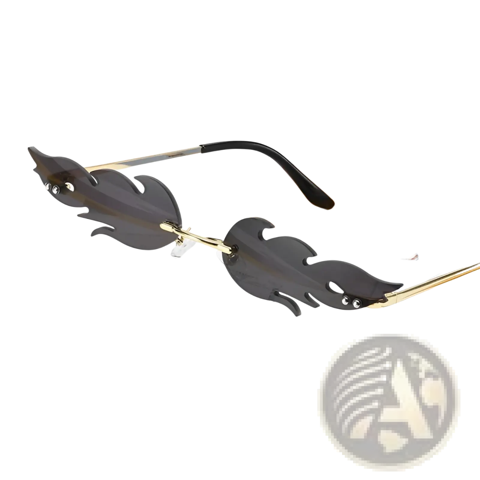 Metallic flame gemstone sunglasses with black flame-shaped gradient lenses gold-toned frames and clear gemstones