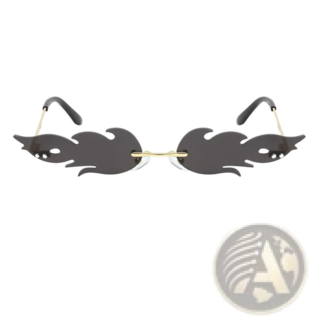 Black flame-shaped sunglasses with gold-toned metal frames and temple arms featuring gradient lenses