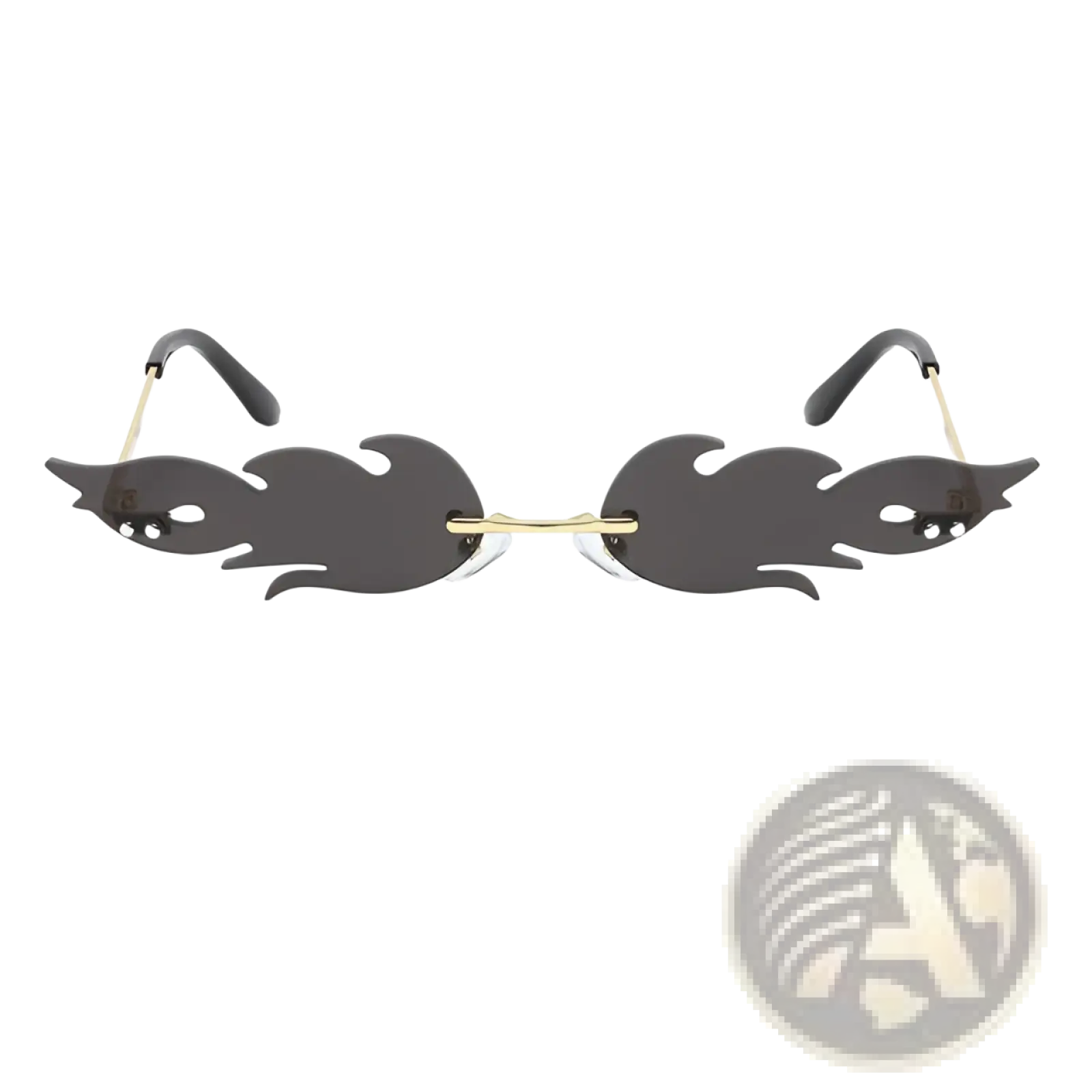 Black flame-shaped sunglasses with gold-toned metal frames and temple arms featuring gradient lenses
