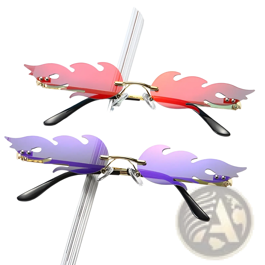 Metallic flame gemstone sunglasses with gold-toned frames, gradient red purple flame-shaped lenses, and black temples