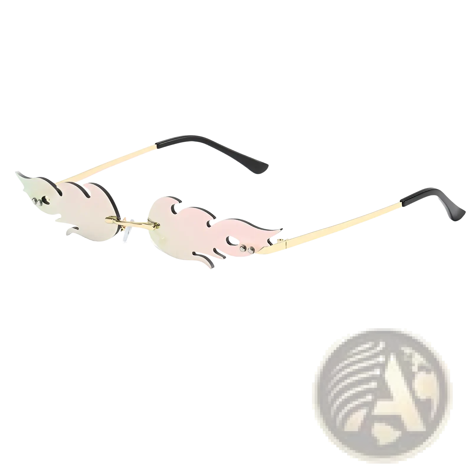 Metallic flame gemstone sunglasses with gold rims and iridescent pink and silver flame-shaped gradient lenses