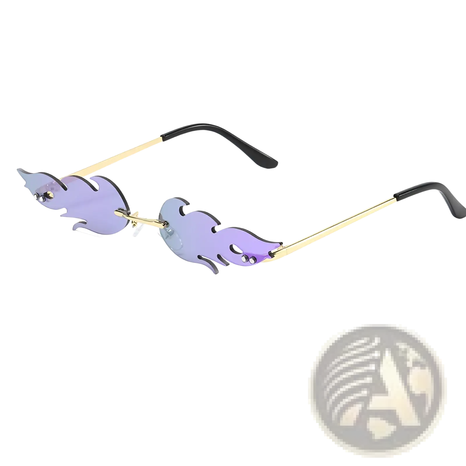 Metallic flame gemstone sunglasses with purple flame-shaped gradient lenses and gold-toned metal frames with black tips