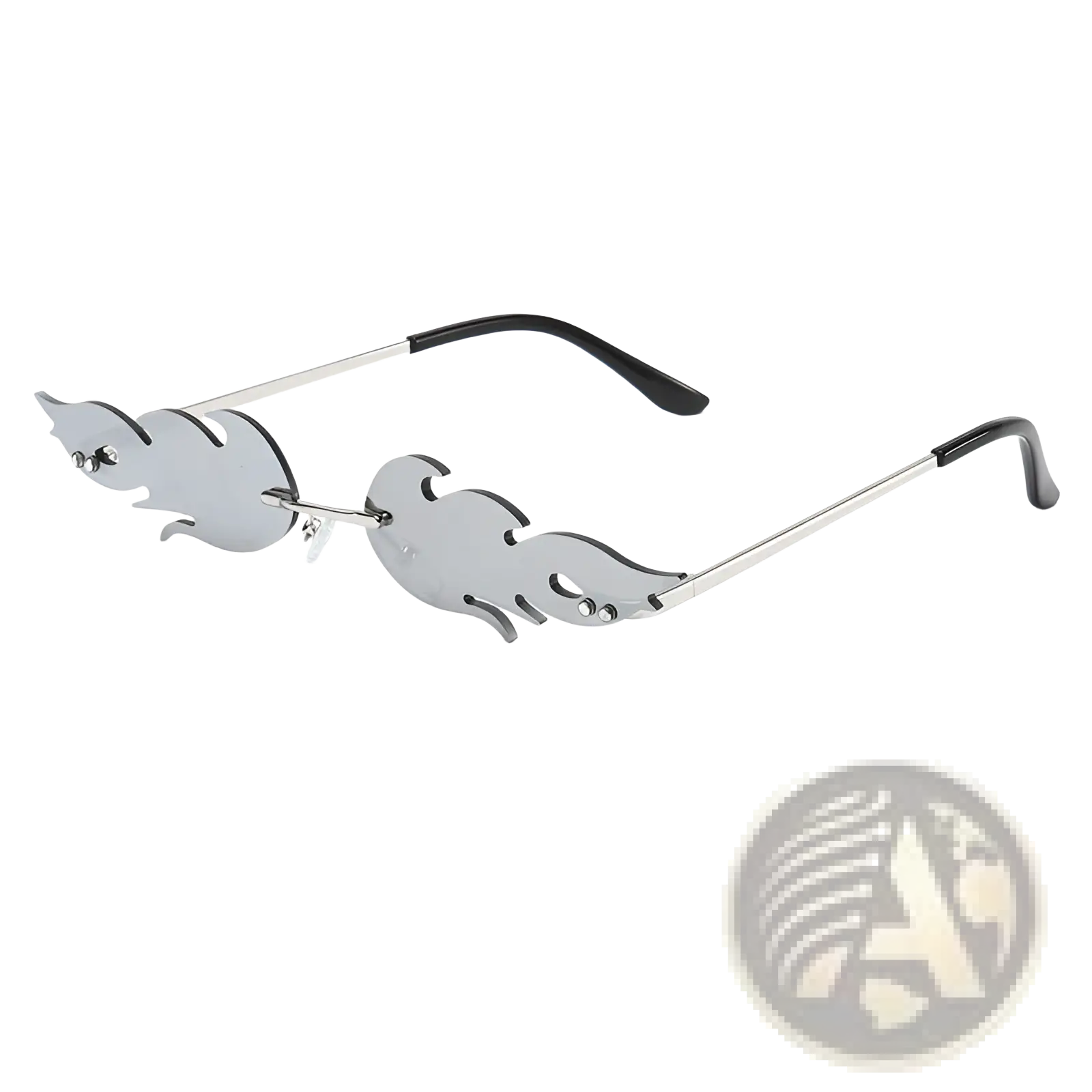 Metallic flame gemstone sunglasses featuring silver flame-shaped frames with gradient lenses and black temple tips