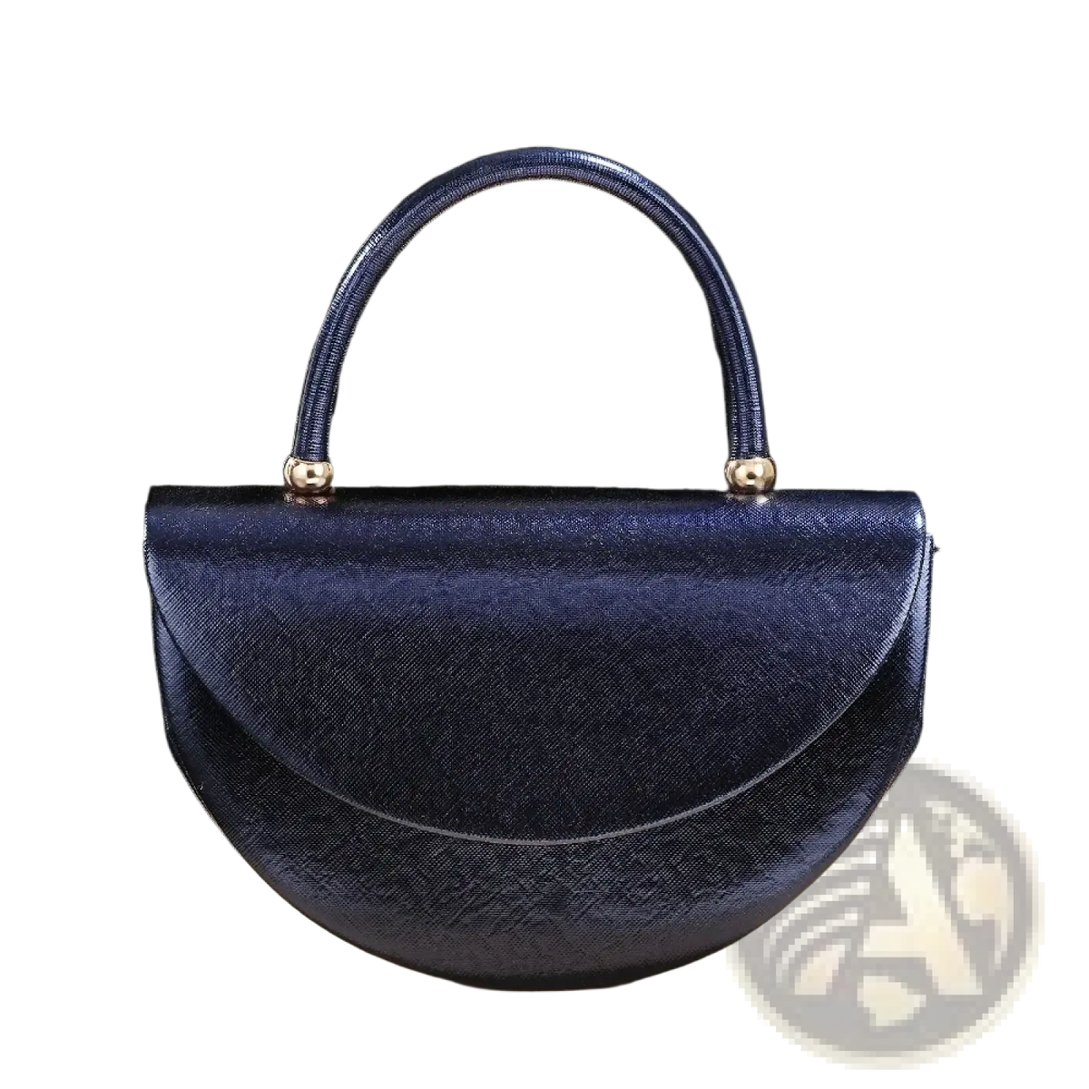 Deep navy blue half moon handbag with textured surface and gold tone hardware featuring metallic gold accents