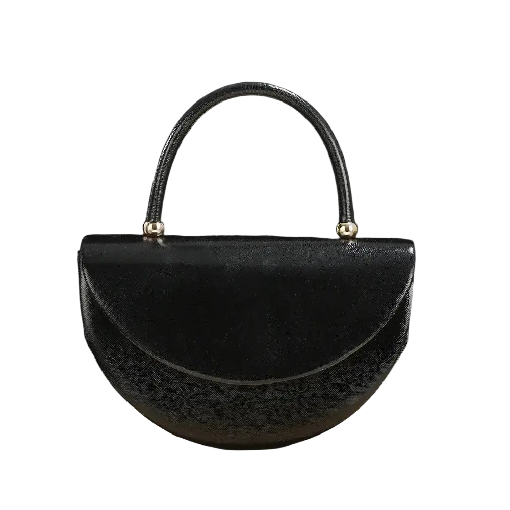 Black half moon clutch bag with textured surface and gold-tone hardware perfect for elegant occasions