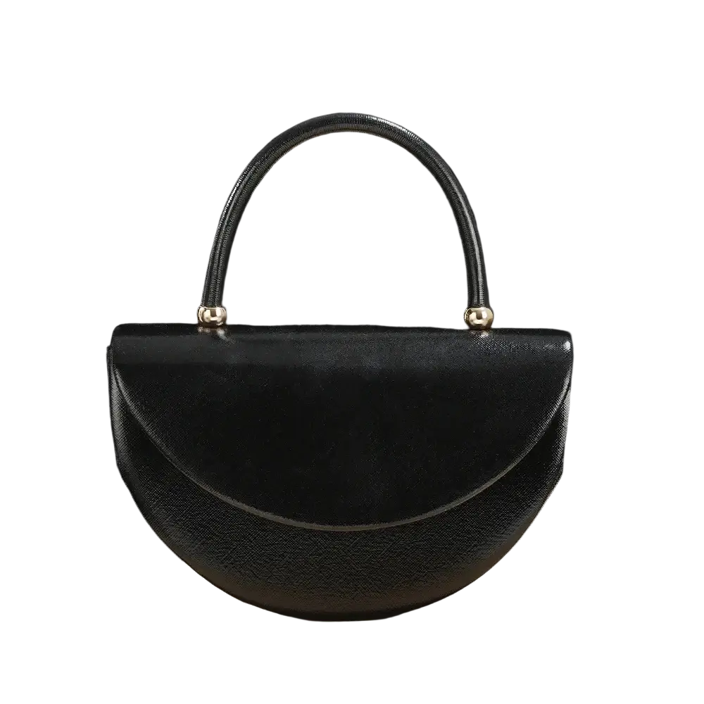 Black semi-circular clutch bag with textured surface and gold-tone hardware, inspired by metallic gold half moon clutch design
