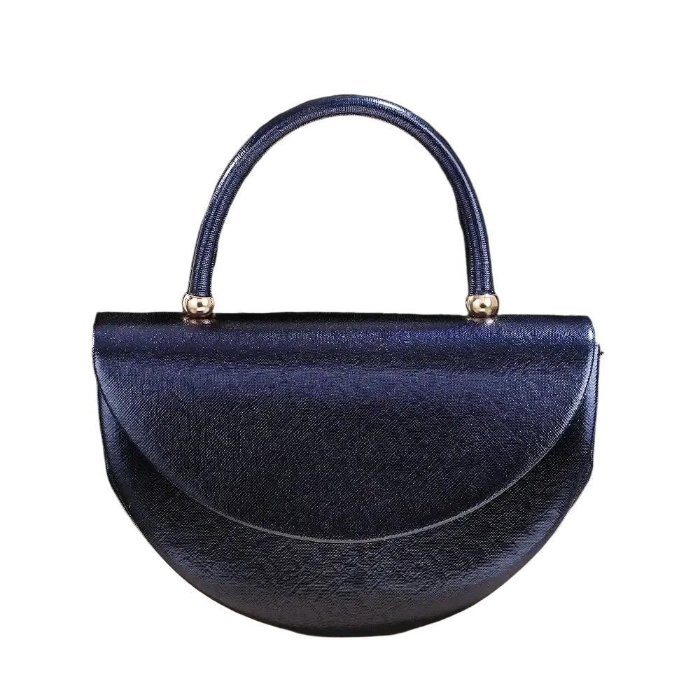 Deep navy blue half moon handbag with textured surface and gold tone hardware featuring metallic gold accents