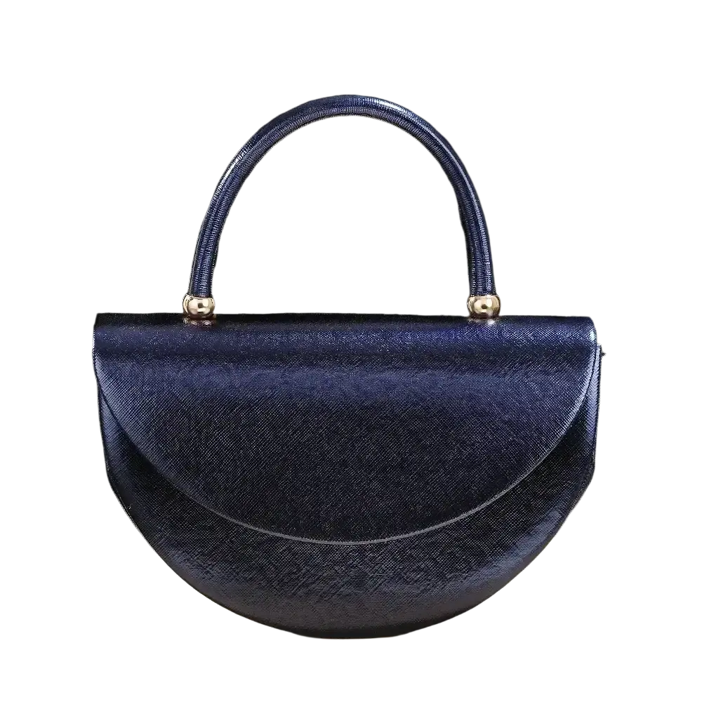 Deep navy blue half moon clutch bag with textured surface and gold tone hardware for elegant occasions