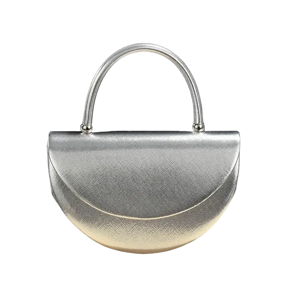 Silver half-moon clutch bag with textured metallic finish and sleek curved handle for elegant occasions