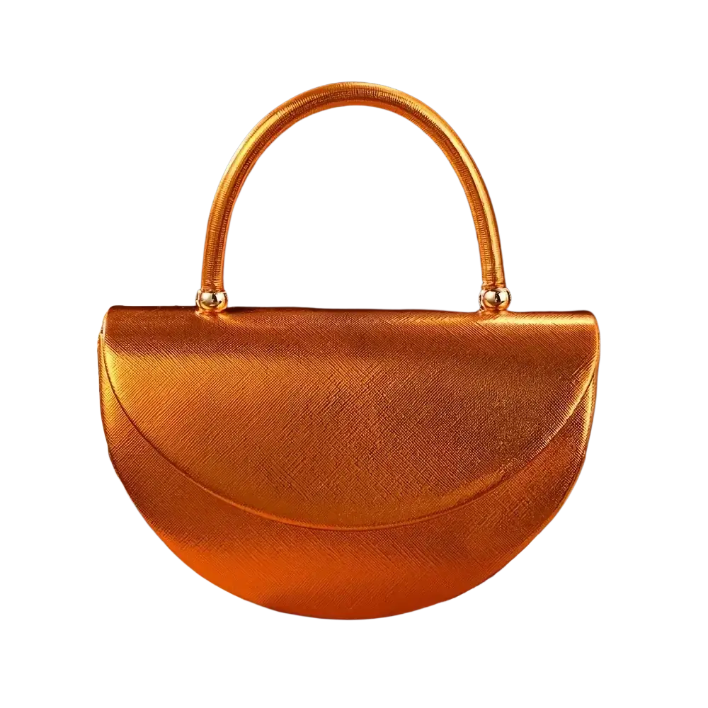 A sleek metallic orange half moon clutch bag with textured surface and gold toned handle for elegant occasions
