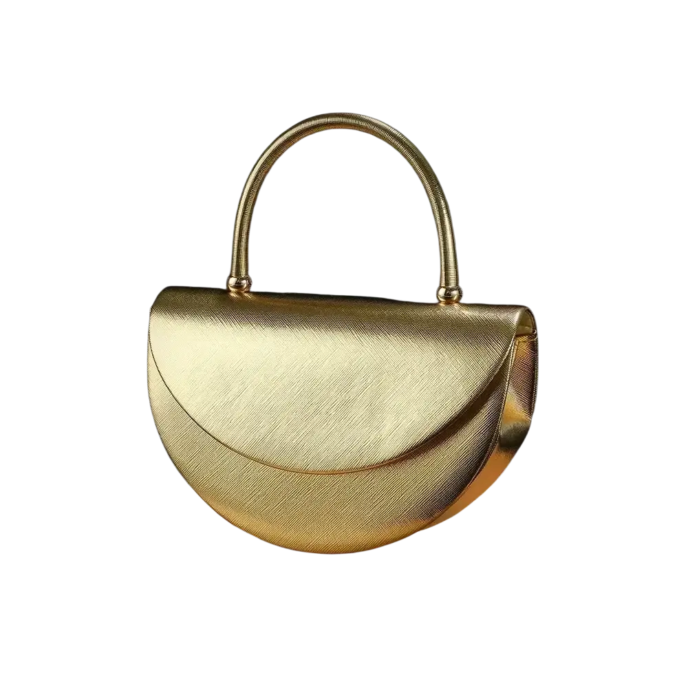A metallic gold half moon clutch bag with a textured surface and matching curved handle for elegant occasions