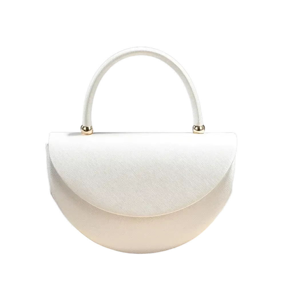 A sleek white half moon clutch bag with smooth texture and gold toned hardware accents in metallic gold style