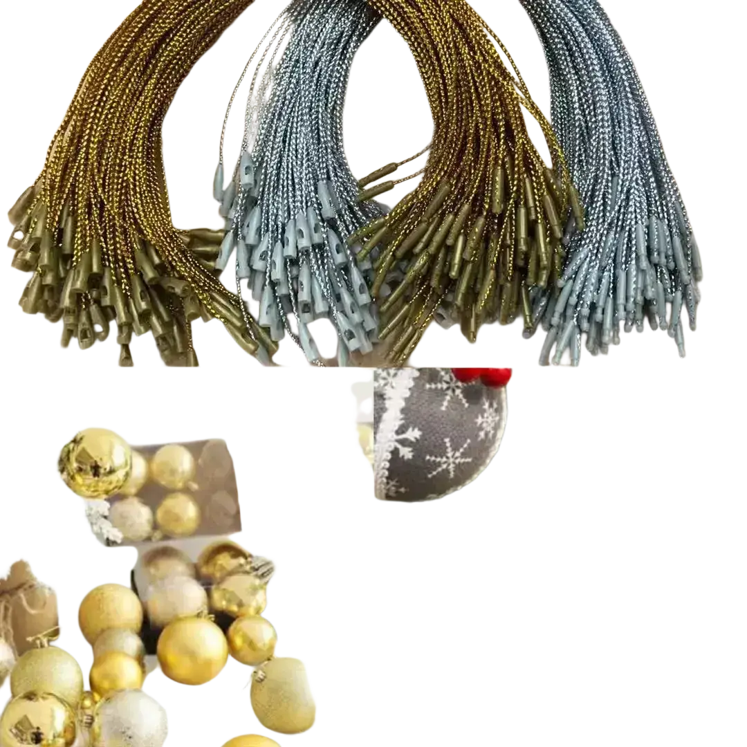 Metallic hanging strings in gold and silver braided cord with plastic connectors for christmas tree ornaments