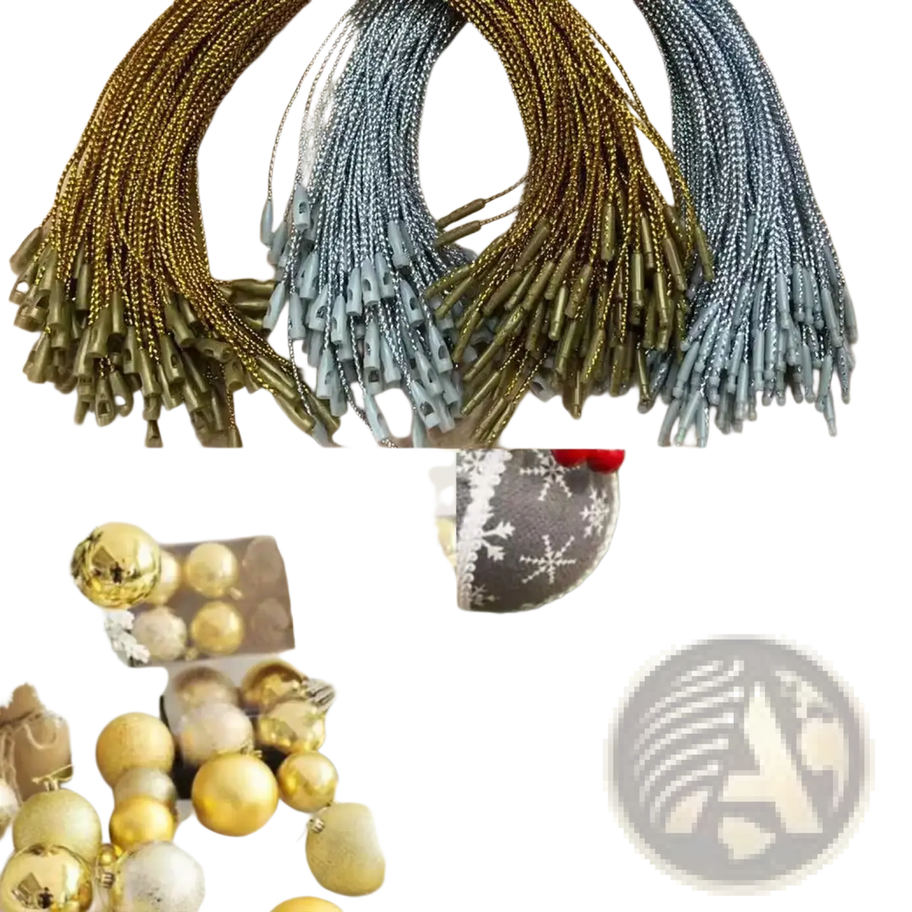 Metallic hanging strings for christmas tree ornaments in gold and silver braided metal with plastic clips