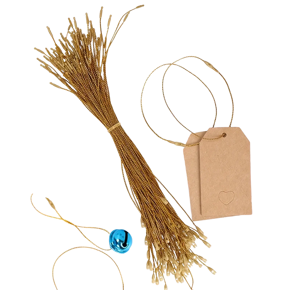 Golden metallic hanging strings with a shimmering braided texture for christmas tree ornaments