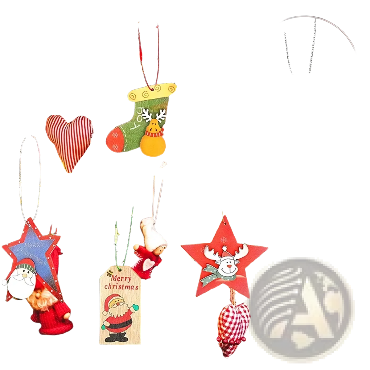 Red star-shaped Christmas ornament with reindeer design and white snowflake accents hanging on metallic string