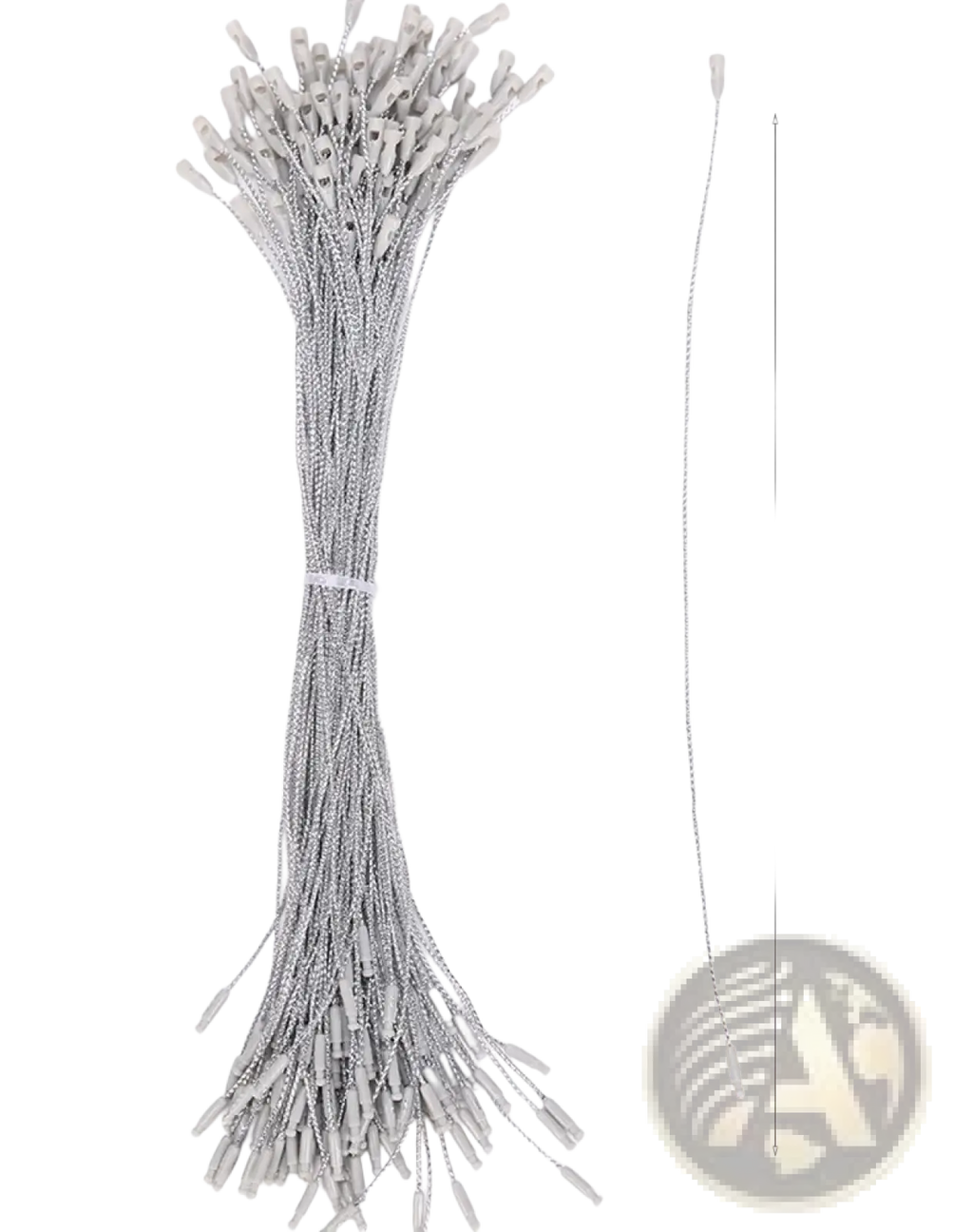 Silver metallic hanging strings with cylindrical connectors and looped clasps for christmas tree ornaments