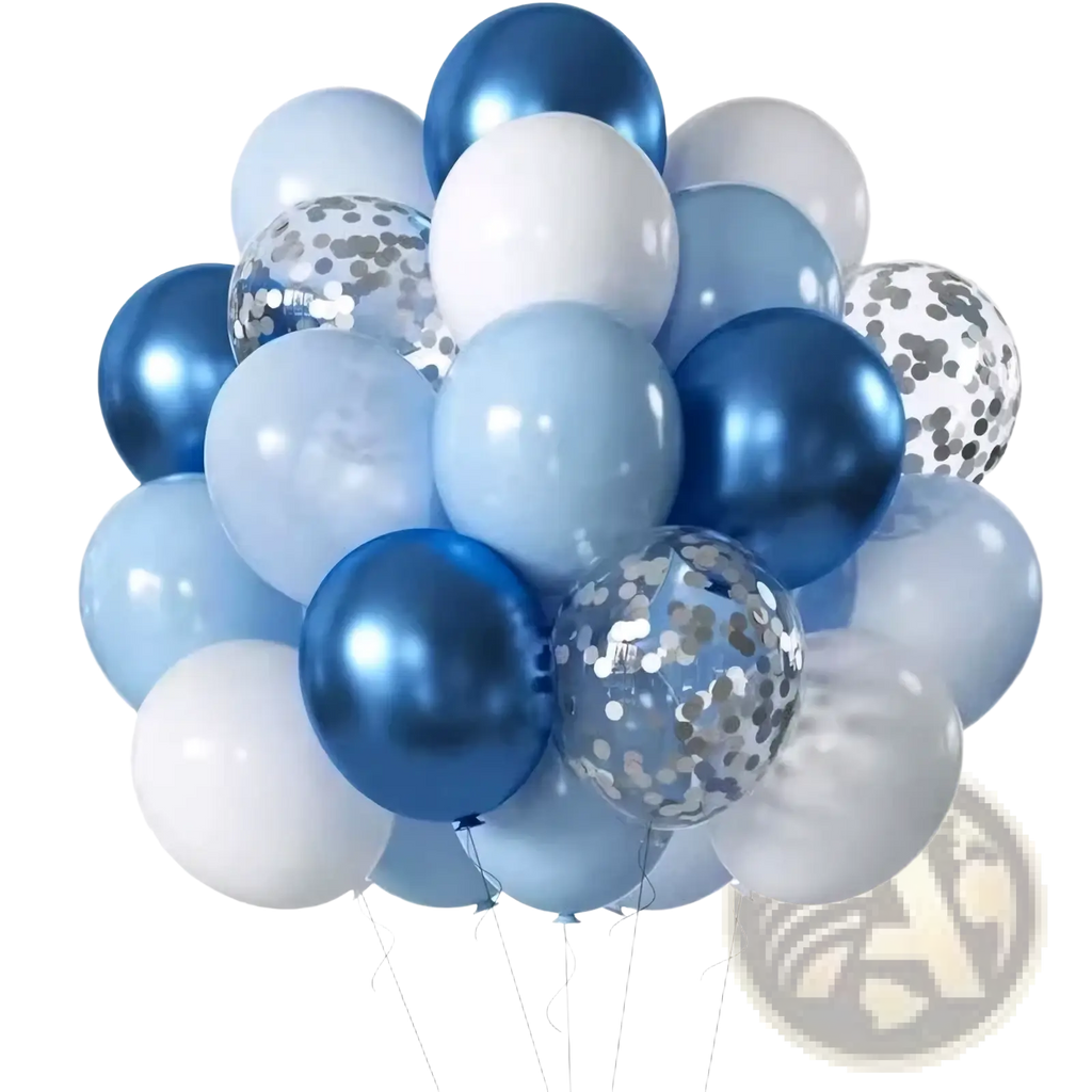 A cluster of 20 mixed blue and white metallic latex party balloons with silver confetti for birthdays and events