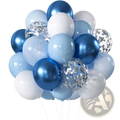 A cluster of 20 mixed blue and white metallic latex party balloons with silver confetti for birthdays and events