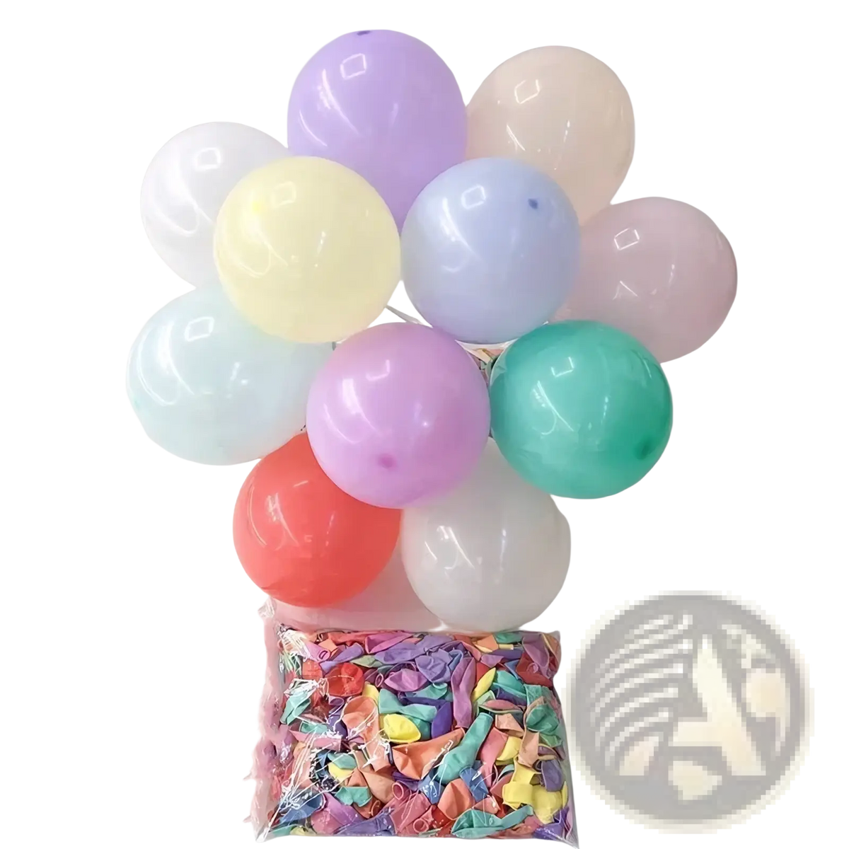 A cluster of pastel-colored metallic latex party balloons in lavender mint green peach and coral for birthdays and events