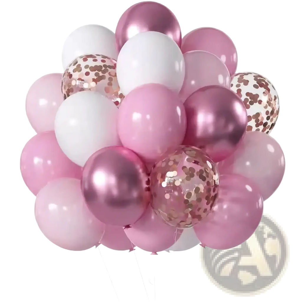 A cluster of metallic latex party balloons in pink white and rose gold with glittery confetti interiors for birthdays and events