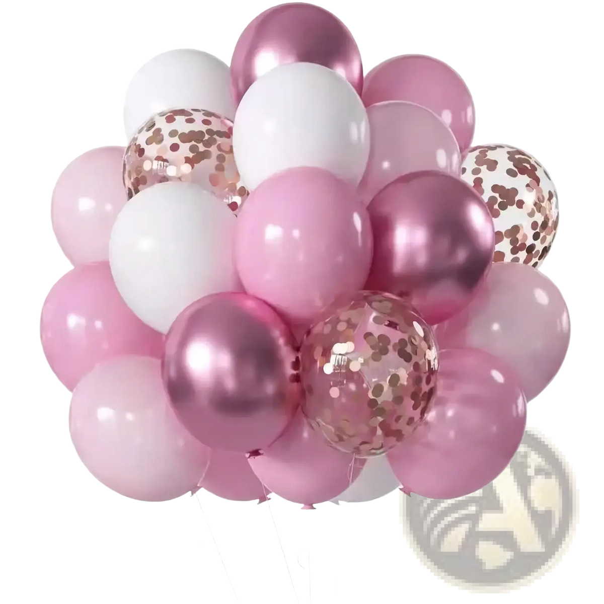 A cluster of metallic latex party balloons in pink white and rose gold with glittery confetti interiors for birthdays and events