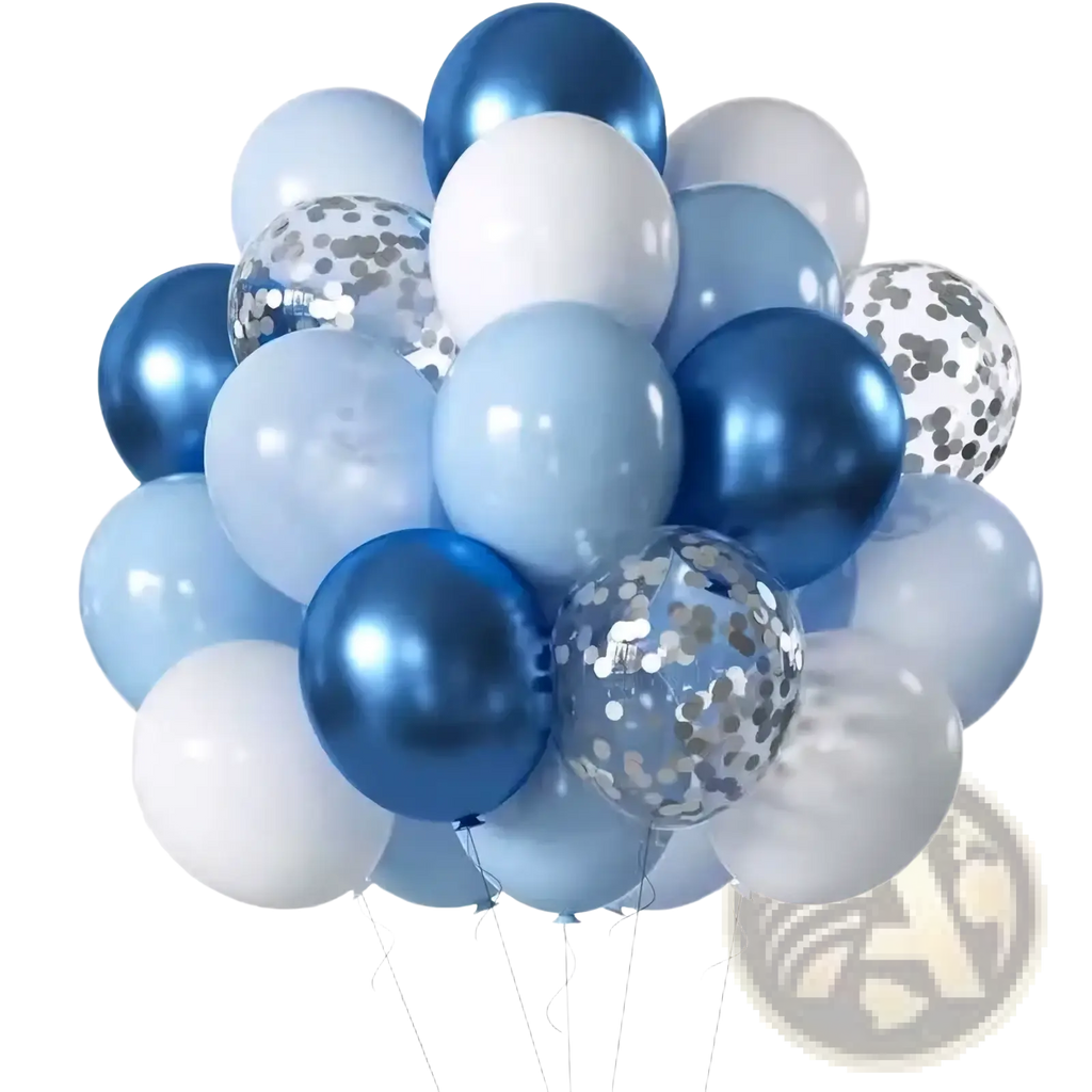 A cluster of metallic latex party balloons in blue and white with silver confetti for birthdays and events