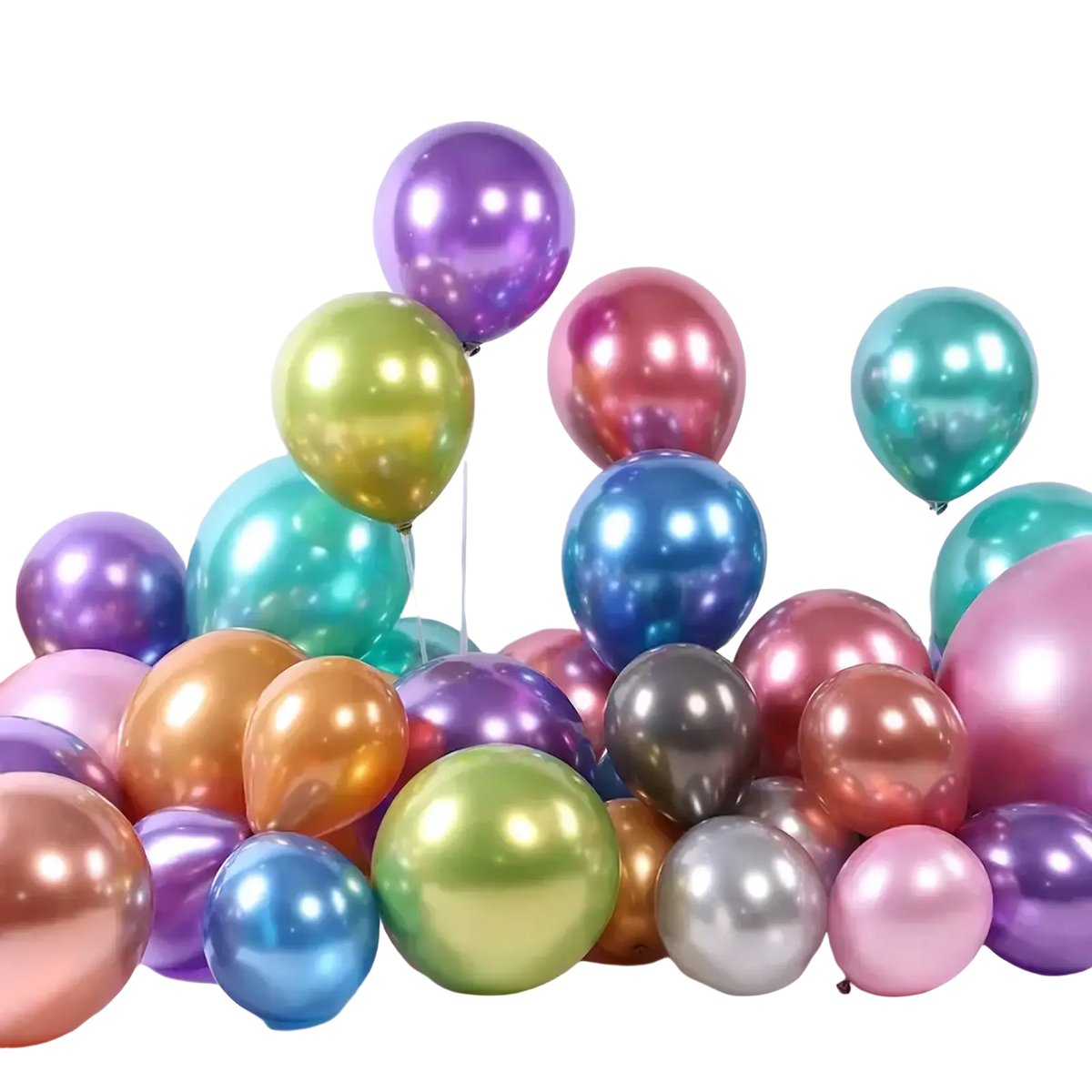 A collection of shiny metallic latex party balloons in purple green blue pink gold and silver for birthdays and events