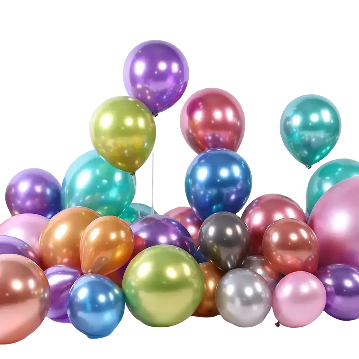 A collection of metallic latex party balloons in vibrant purple blue green pink gold and silver for birthdays and events
