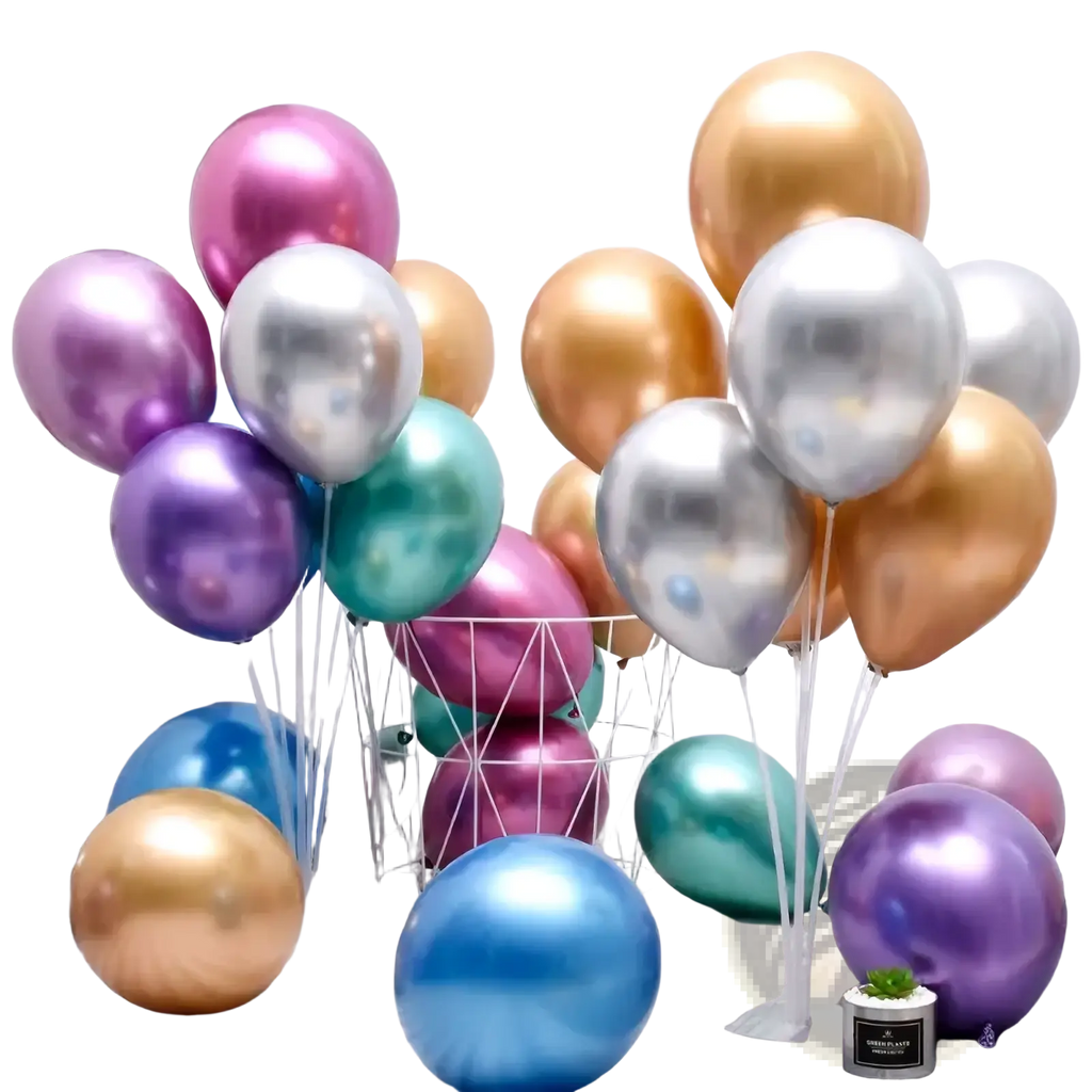 A collection of metallic latex party balloons in gold silver purple teal and blue for birthdays and events