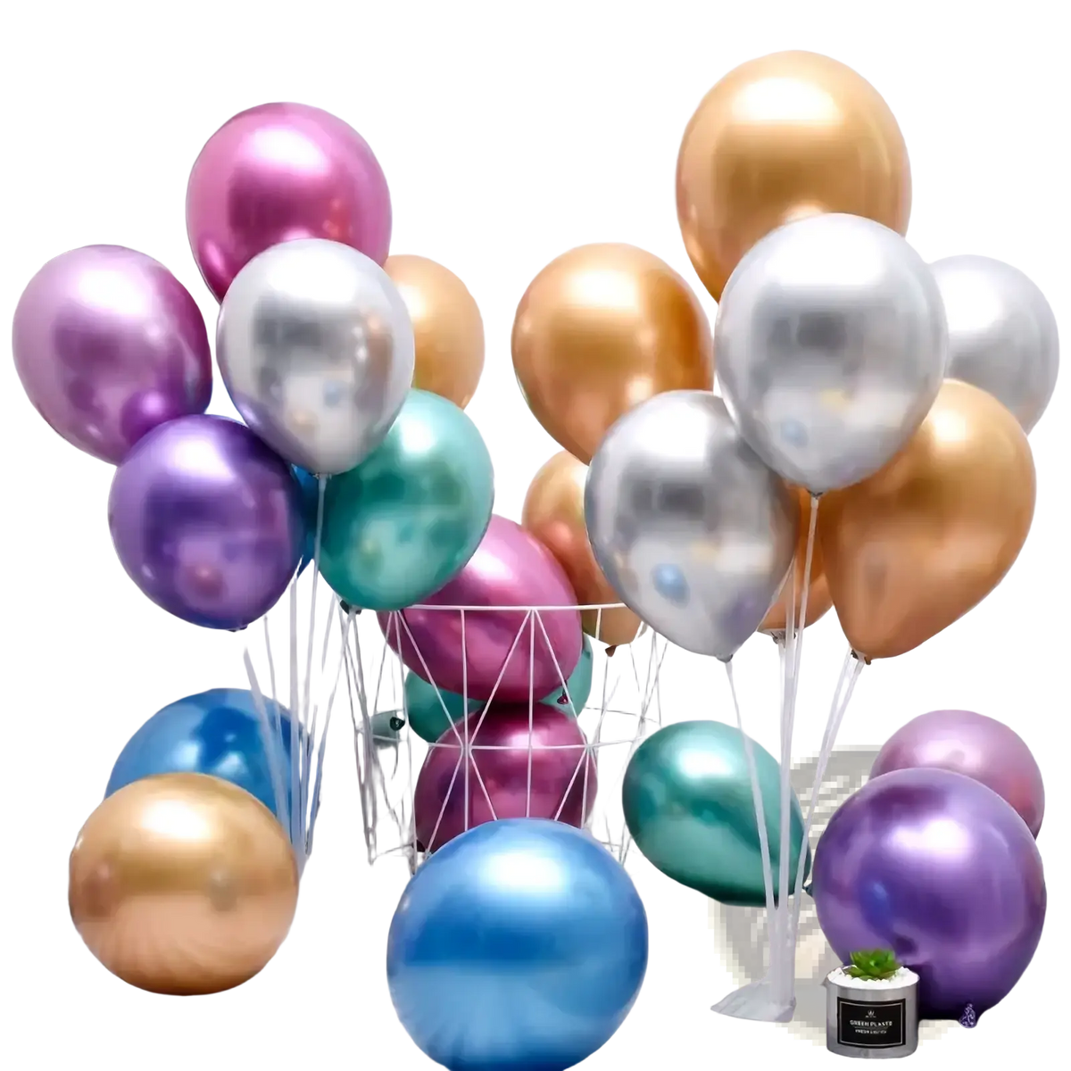 A collection of metallic latex party balloons in gold silver purple teal and blue for birthdays and events