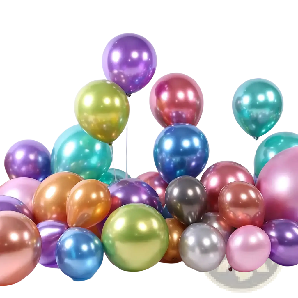 A collection of shiny metallic latex party balloons in purple green blue pink gold and silver for birthdays and events