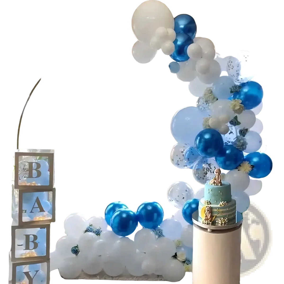 A tiered baby shower cake with light blue and white fondant layers adorned with golden animal figurines