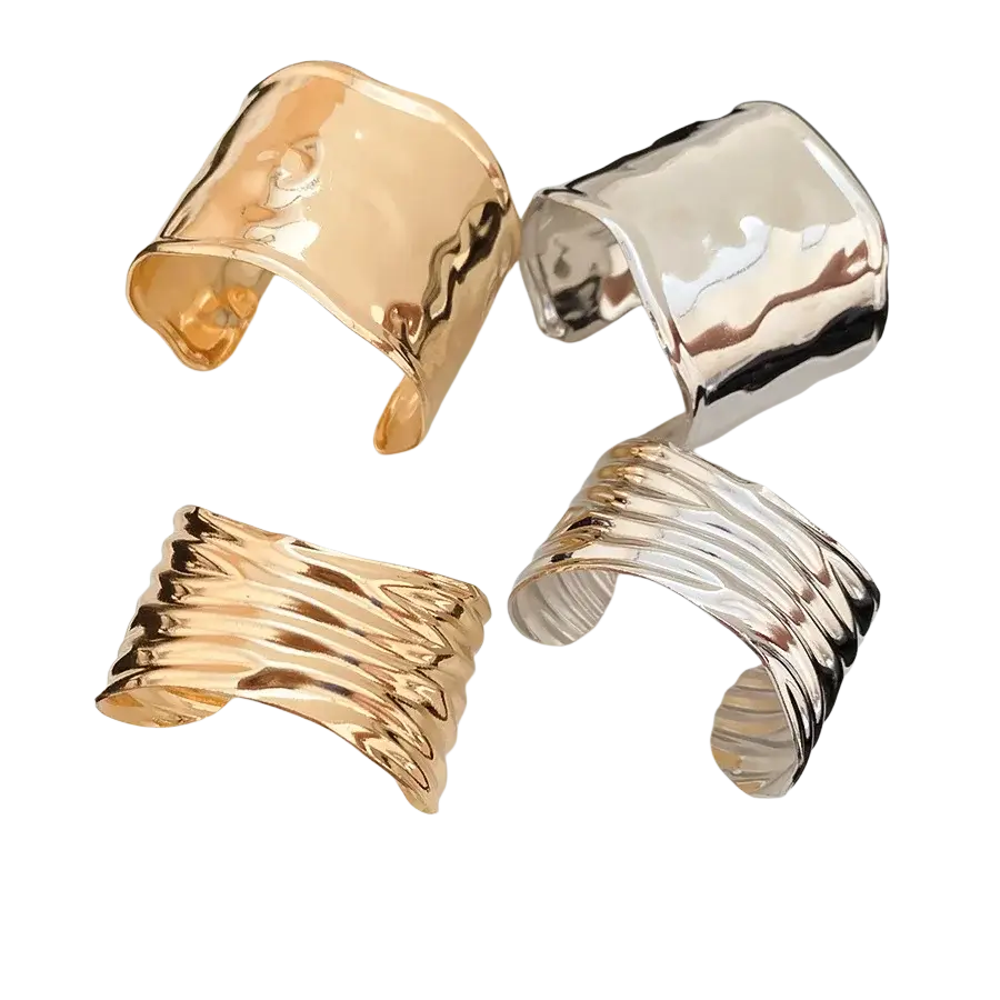 Metallic pleated cuff bracelets for women in gold and silver with hammered textured wavy design