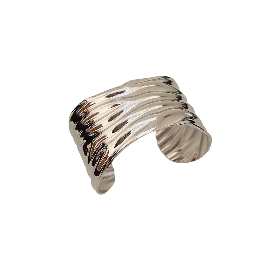 Silver-toned metallic pleated cuff bracelet for women with a textured wavy layered design