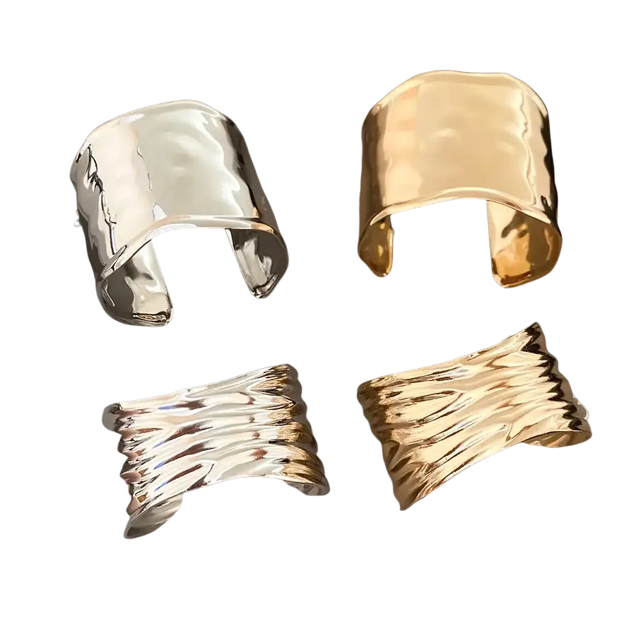 Metallic pleated cuff bracelets for women featuring smooth hammered and intricate wavy silver finishes