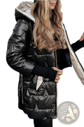 Black metallic quilted hooded cotton puffer coat with shiny exterior and light gray inner lining